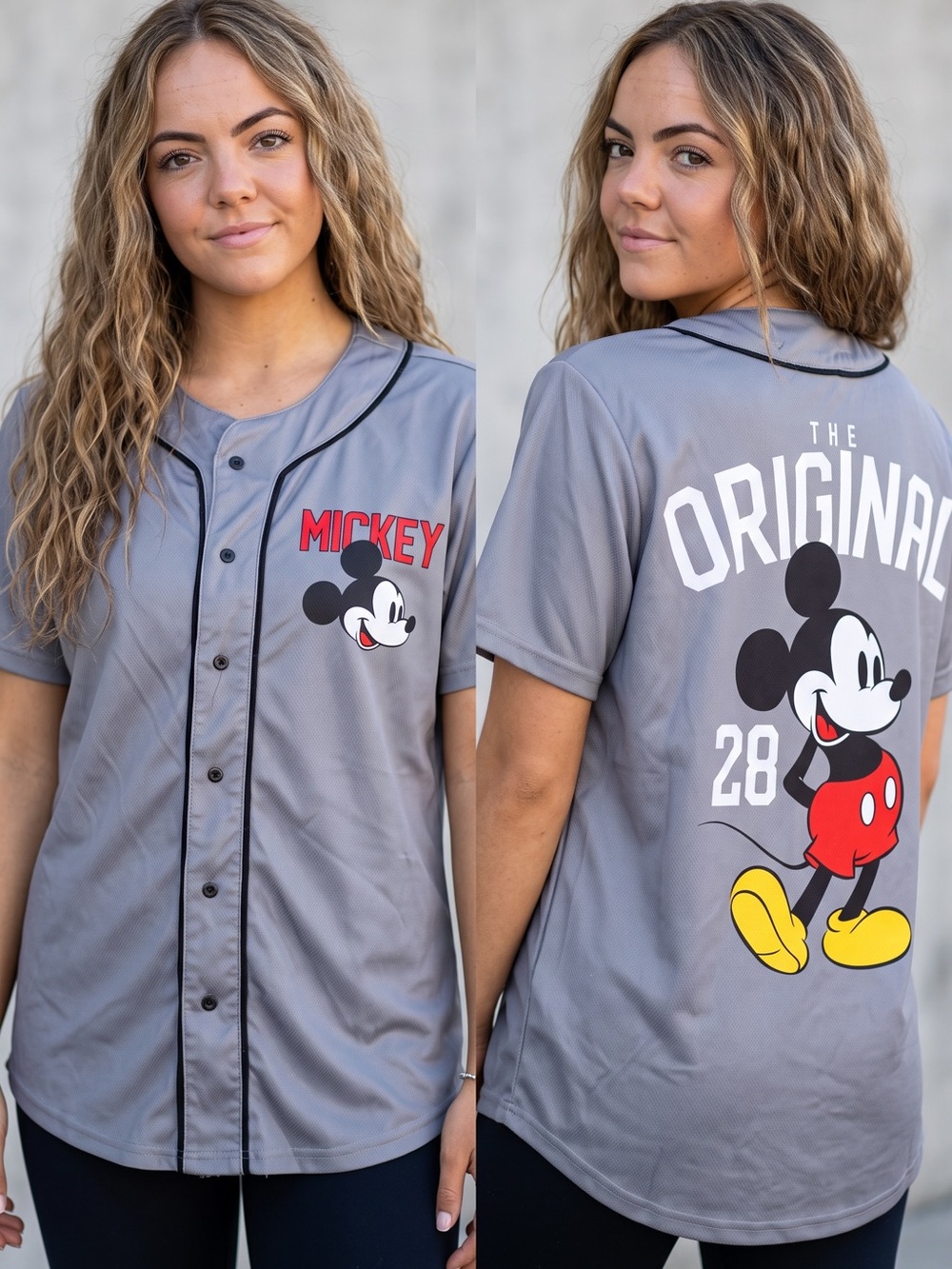 Disney Mickey Mouse Baseball Jersey Gray Button Front Shirt Graphic Size M youth
